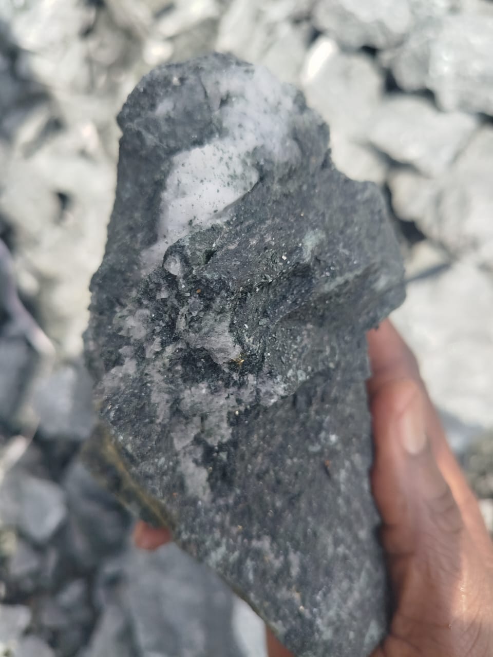 Mafic rock with quartz veining and metallic specks